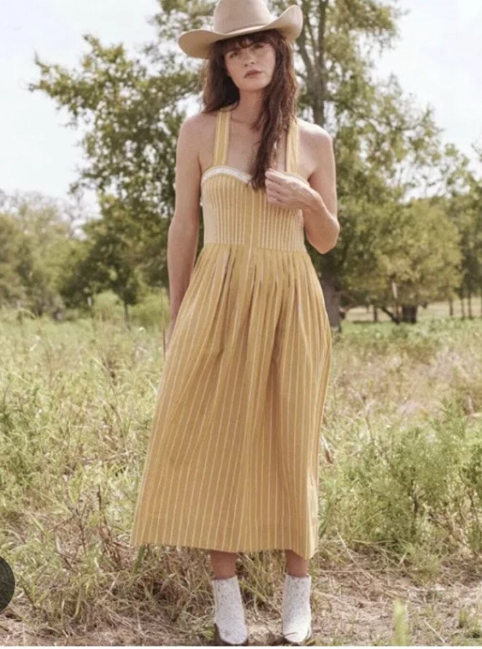 The GREAT. Yellow Striped 100% Cotton Pockets Zip Midi Dress Sz L MSRP $350